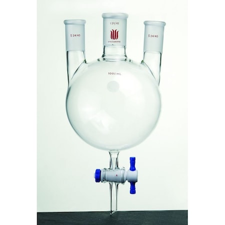 Synthware FLASK, ROUND BOTTOM, 3-NECK, BOTTOM OUTLET, 24/40, 24/40, 500mL. F424450